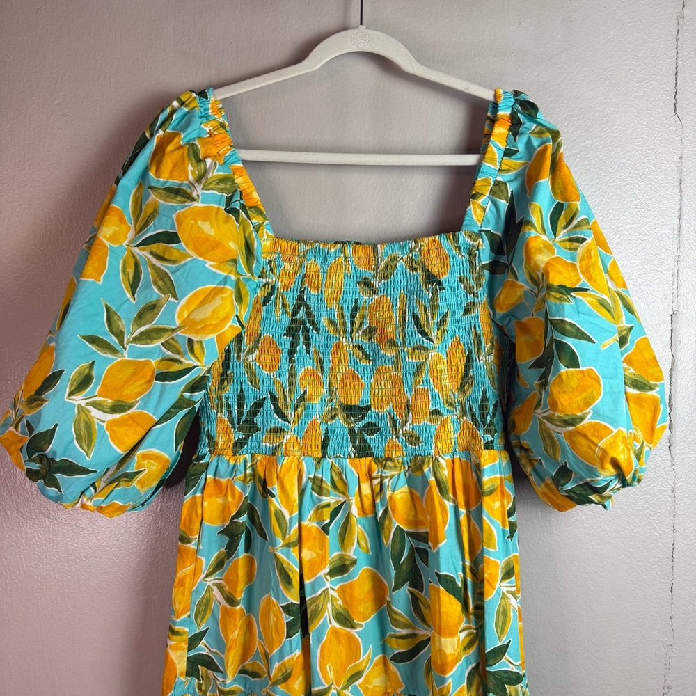 Avara Feeling Zesty Aqua Lemon Print Midi Dress Sz 2X - Picture 3 of 9